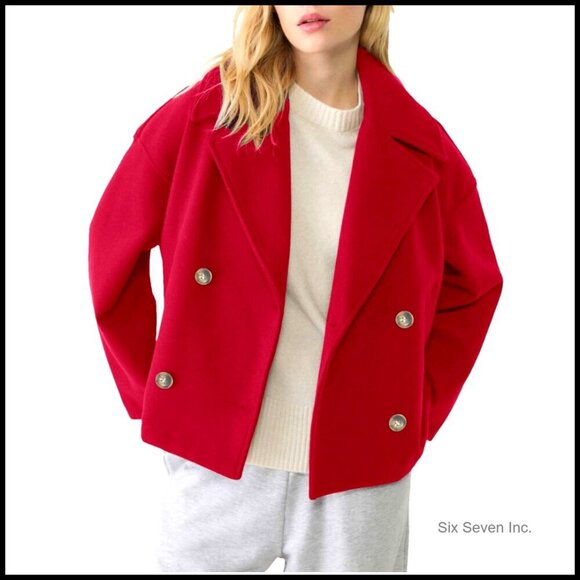 Jackets & Blazers - Cropped Pea Coat Notched Lapel Trench Overcoat Casual Double Breasted Jacket